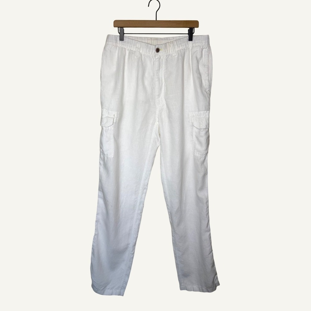 Caribbean Linen Cargo Pants Mens 36x36 White Good Coastal Beach Summer Trousers